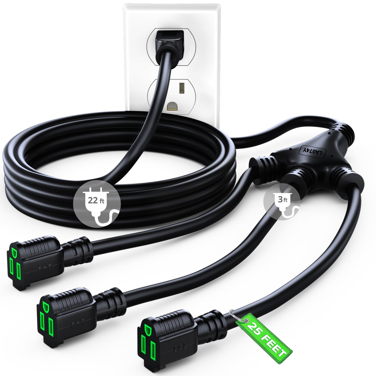 Maximm Extension Cord Splitter 12/3 AWG 1 to 3 Outlet, Indoor Outdoor Rated, Heavy Duty Power Cords with Multiple outlets, 12 Gauge Wire Grounded