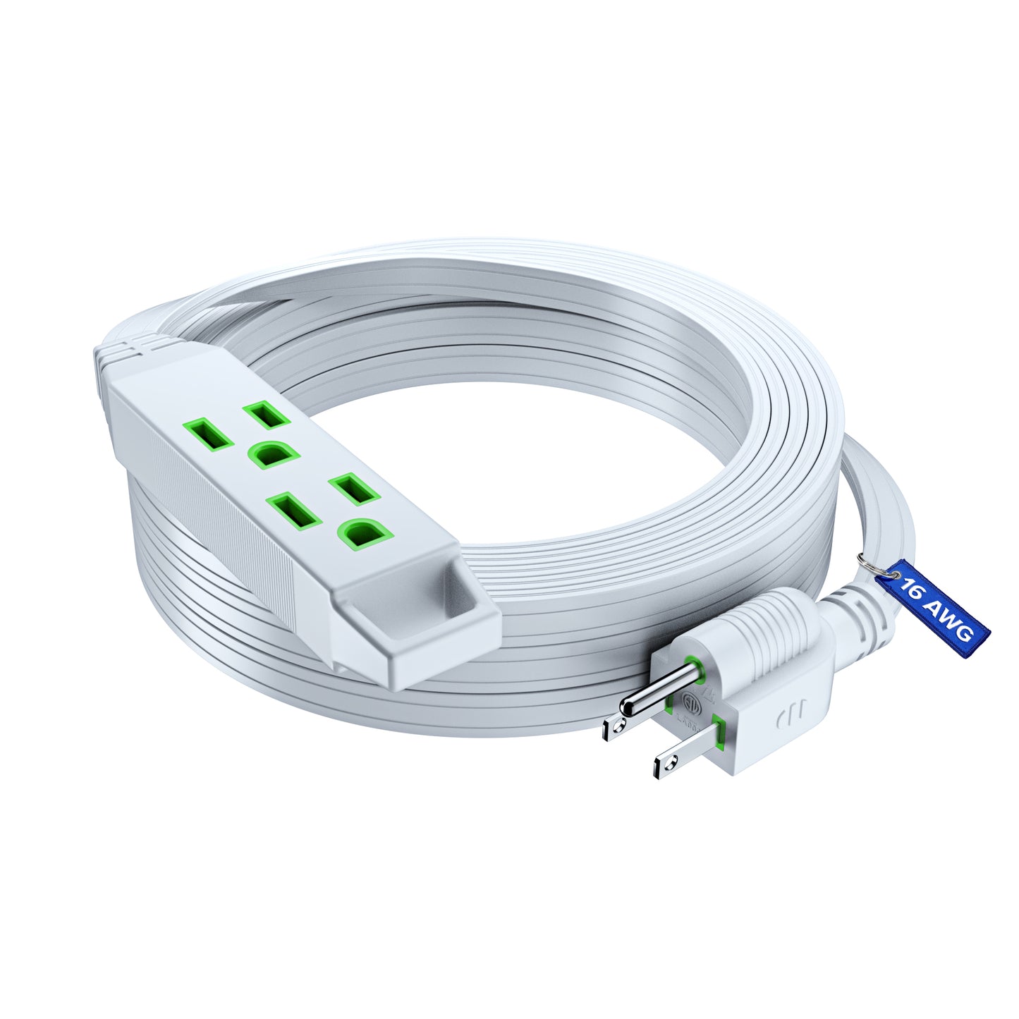 Extension Cord with 3 Outlets and Built-in Loop, Flat Extension Cord ETL Listed