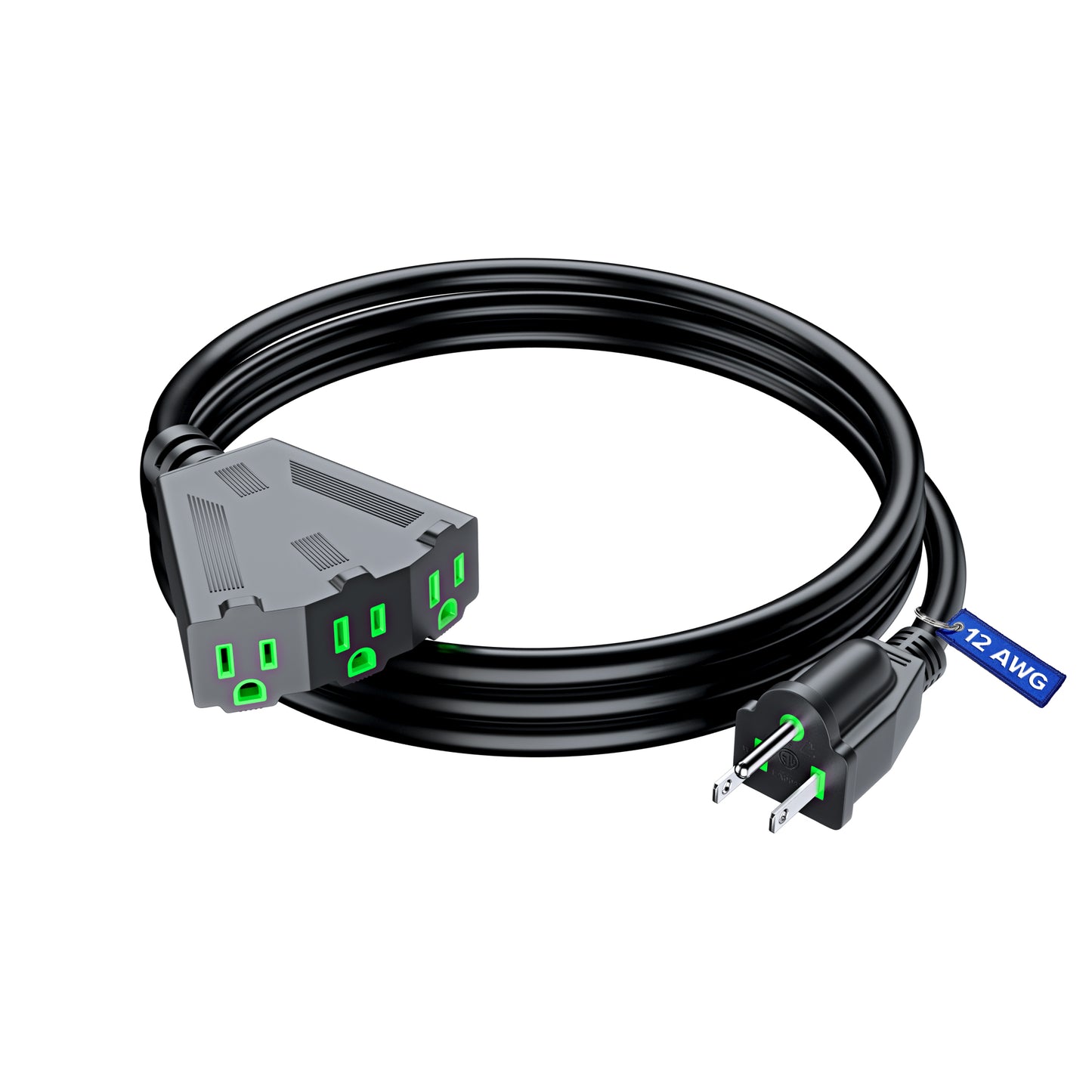 Maximm 12/3 Extension Cord, 12AWG Black, ETL Listed, 3 Prong Plug 3-Outlet Heavy Duty Indoor Power Cord