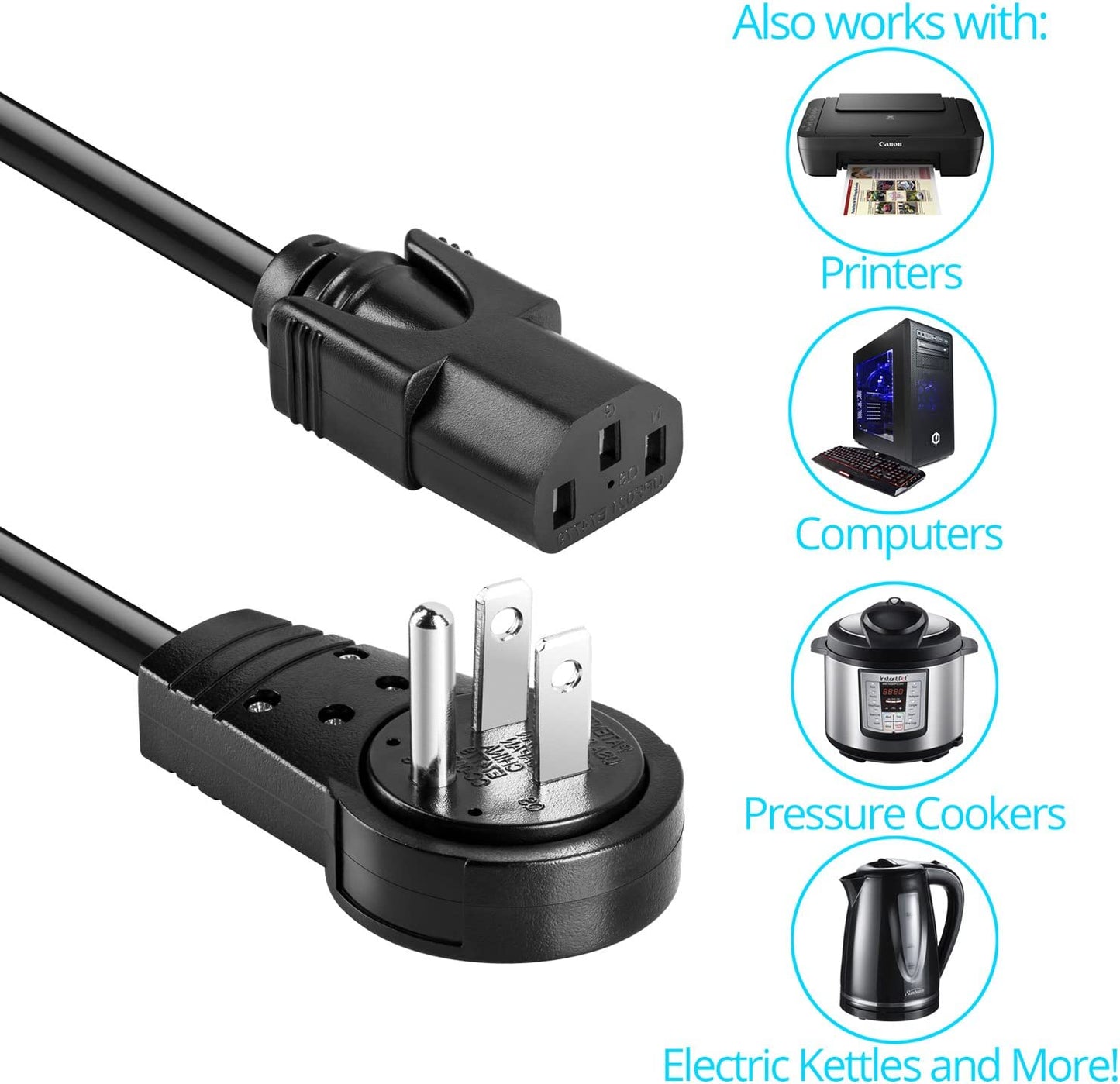 Maximm Power Cord Flat Plug 360° Rotating PC Cable 3 Prong for Desktop, Printer, Scanner, 16 AWG, IEC13