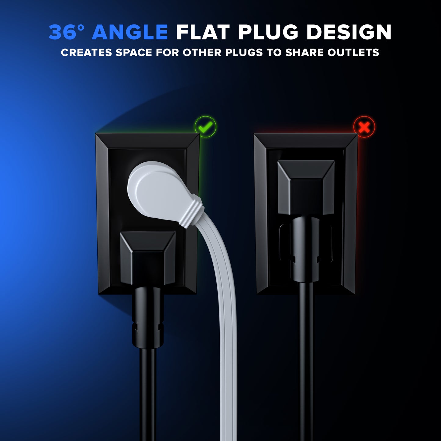 Maximm Extension Cord with Removable Easy-Hook System, 3 Outlet 90° Angled Flat Plug, UL Certified
