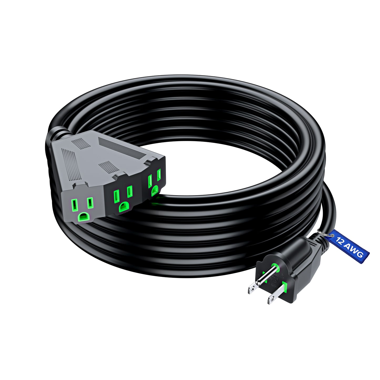 Maximm 12/3 Extension Cord, 12AWG Black, ETL Listed, 3 Prong Plug 3-Outlet Heavy Duty Indoor Power Cord