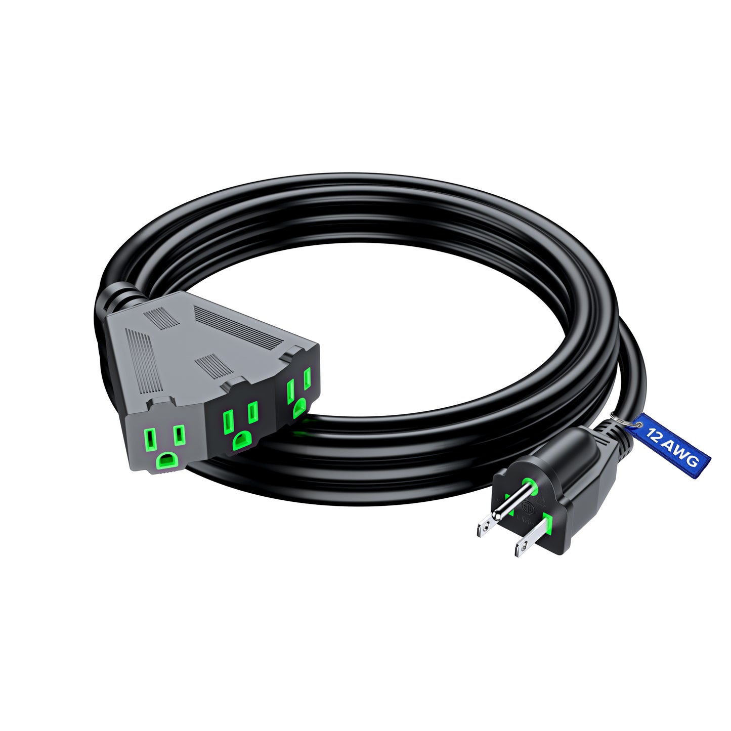 Maximm 12/3 Extension Cord, 12AWG Black, ETL Listed, 3 Prong Plug 3-Outlet Heavy Duty Indoor Power Cord
