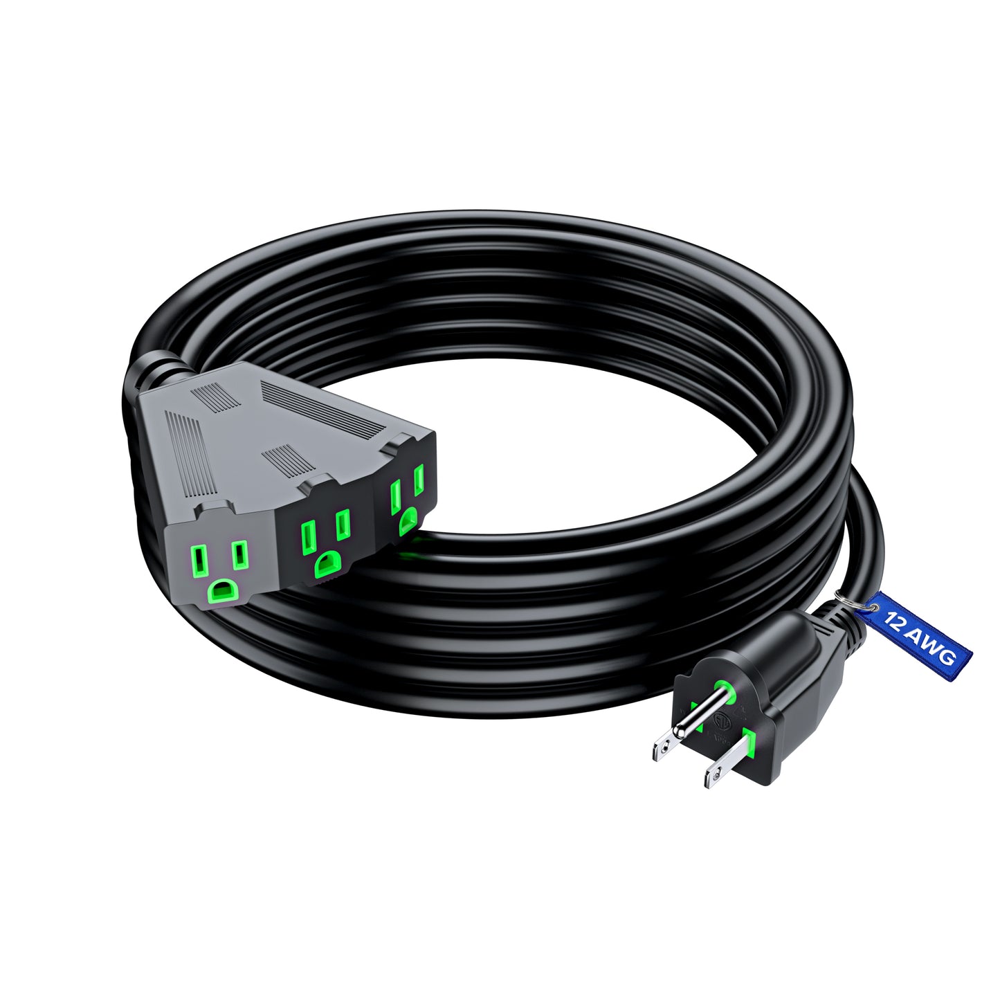 Maximm 12/3 Extension Cord, 12AWG Black, ETL Listed, 3 Prong Plug 3-Outlet Heavy Duty Indoor Power Cord