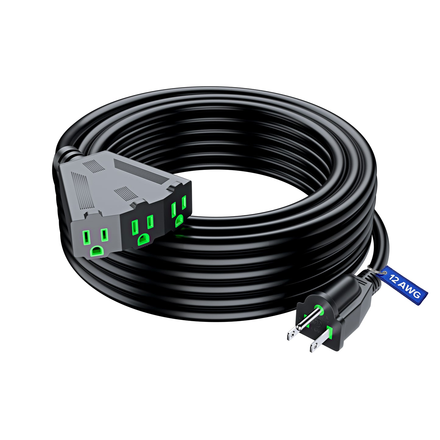 Maximm 12/3 Extension Cord, 12AWG Black, ETL Listed, 3 Prong Plug 3-Outlet Heavy Duty Indoor Power Cord