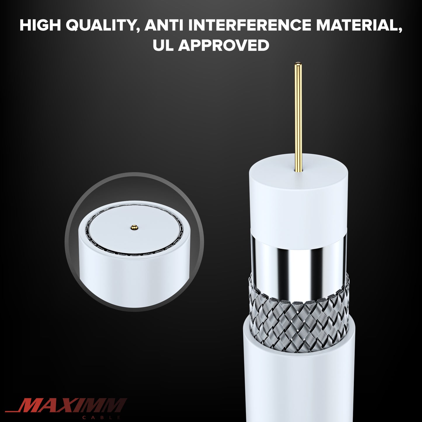 Maximm Coaxial Cable RG6 Coax Cable, TV Cable for Digital TV Aerial, Satellite Cable - Cable Cord Cable Wire - with Gold Plated F Connectors