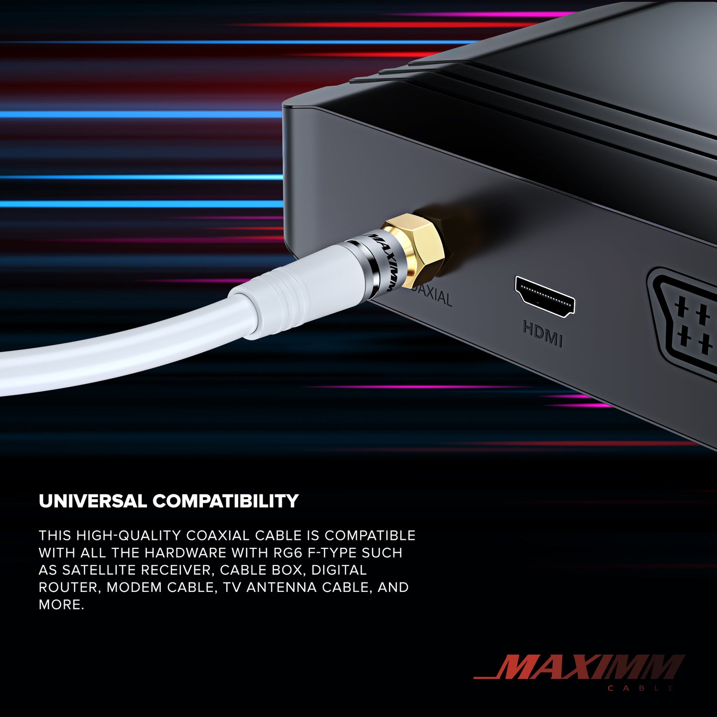 Maximm Coaxial Cable RG6 Coax Cable, TV Cable for Digital TV Aerial, Satellite Cable - Cable Cord Cable Wire - with Gold Plated F Connectors