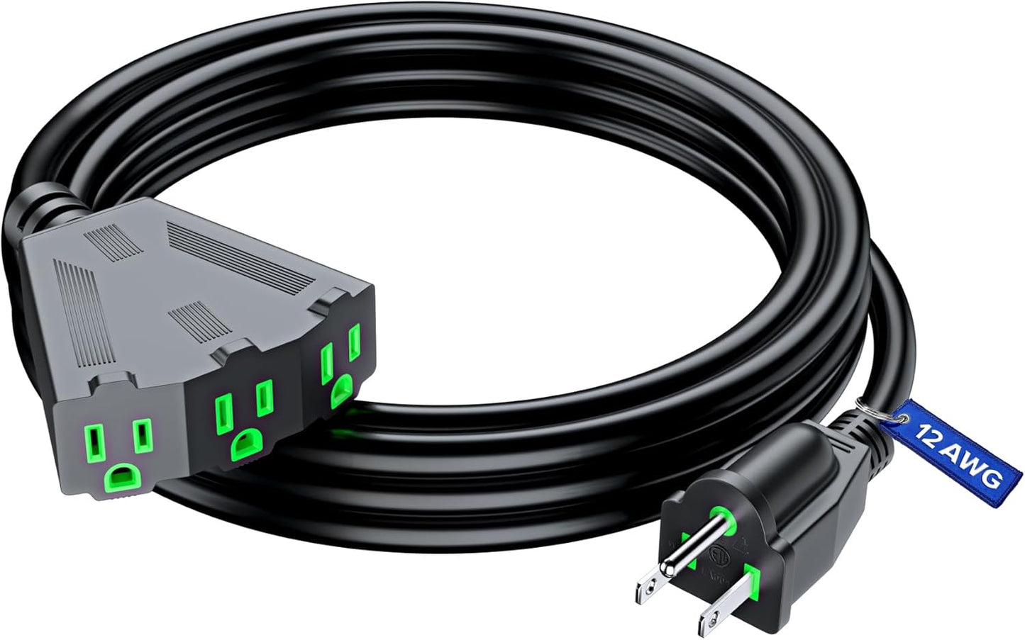 Maximm 12/3 Extension Cord, 12AWG Black, ETL Listed, 3 Prong Plug 3-Outlet Heavy Duty Indoor Power Cord