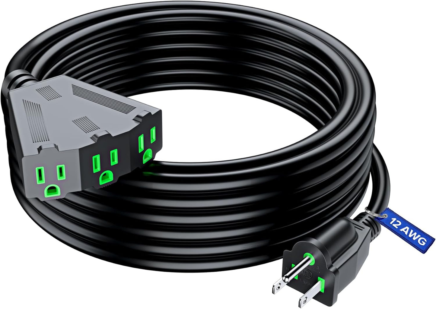 Maximm 12/3 Extension Cord, 12AWG Black, ETL Listed, 3 Prong Plug 3-Outlet Heavy Duty Indoor Power Cord