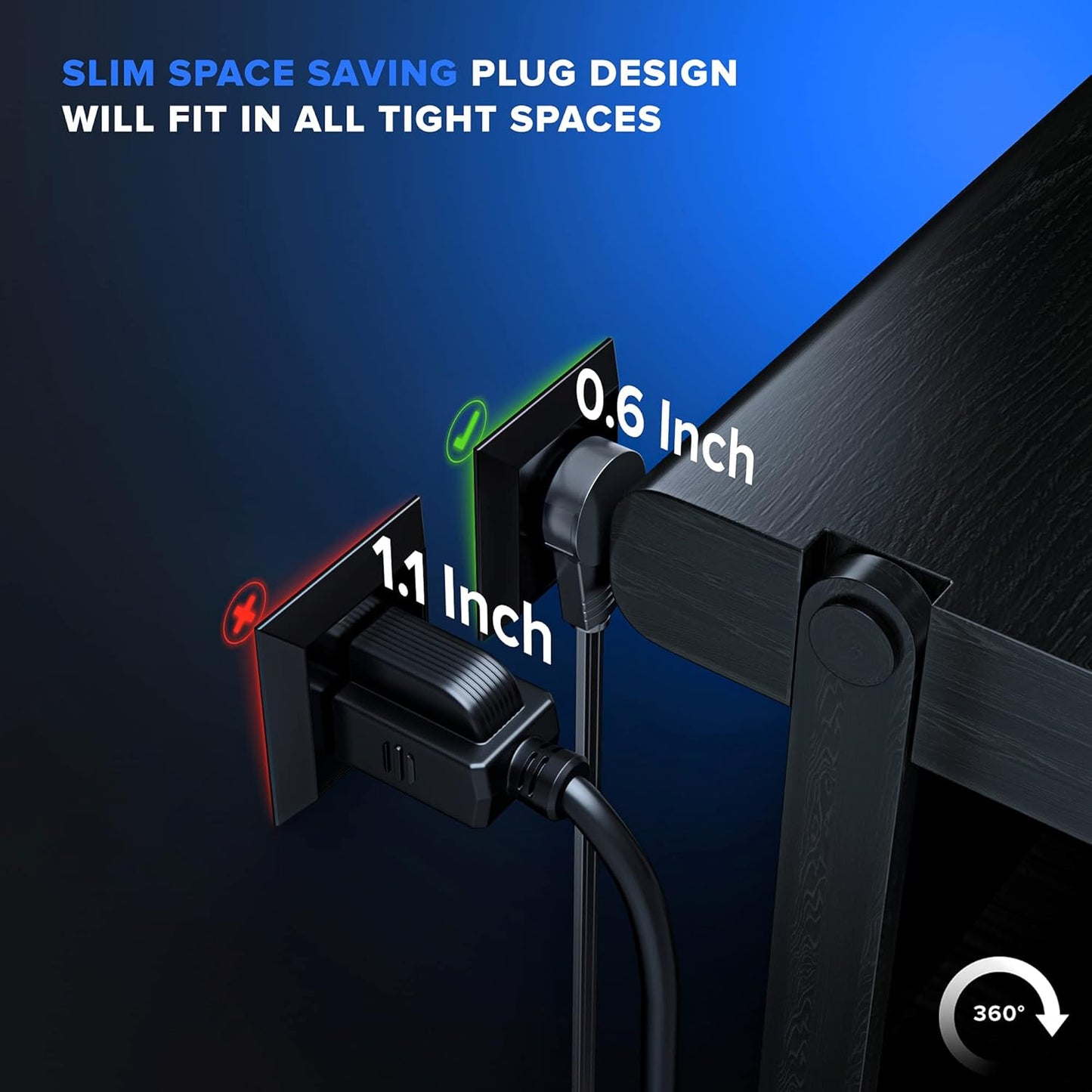 Maximm 360° Rotating Flat Plug Extension Cord with a Removable Hook (16 Gauge), UL Certified
