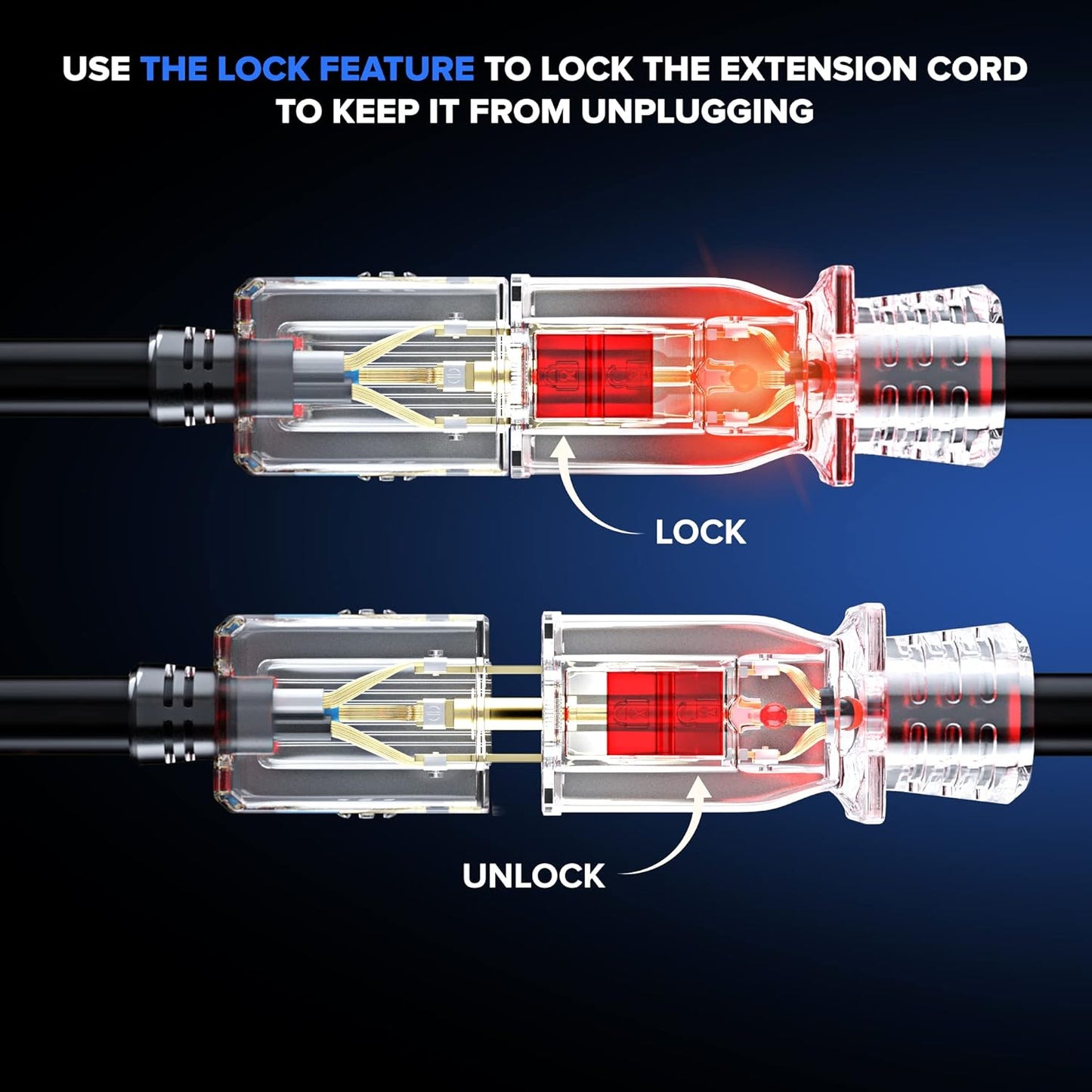 Maximm Extension Cord with Lock - Lighted Power Indicator, 16 Gauge, SJTW, Heavy Duty Extension Cord