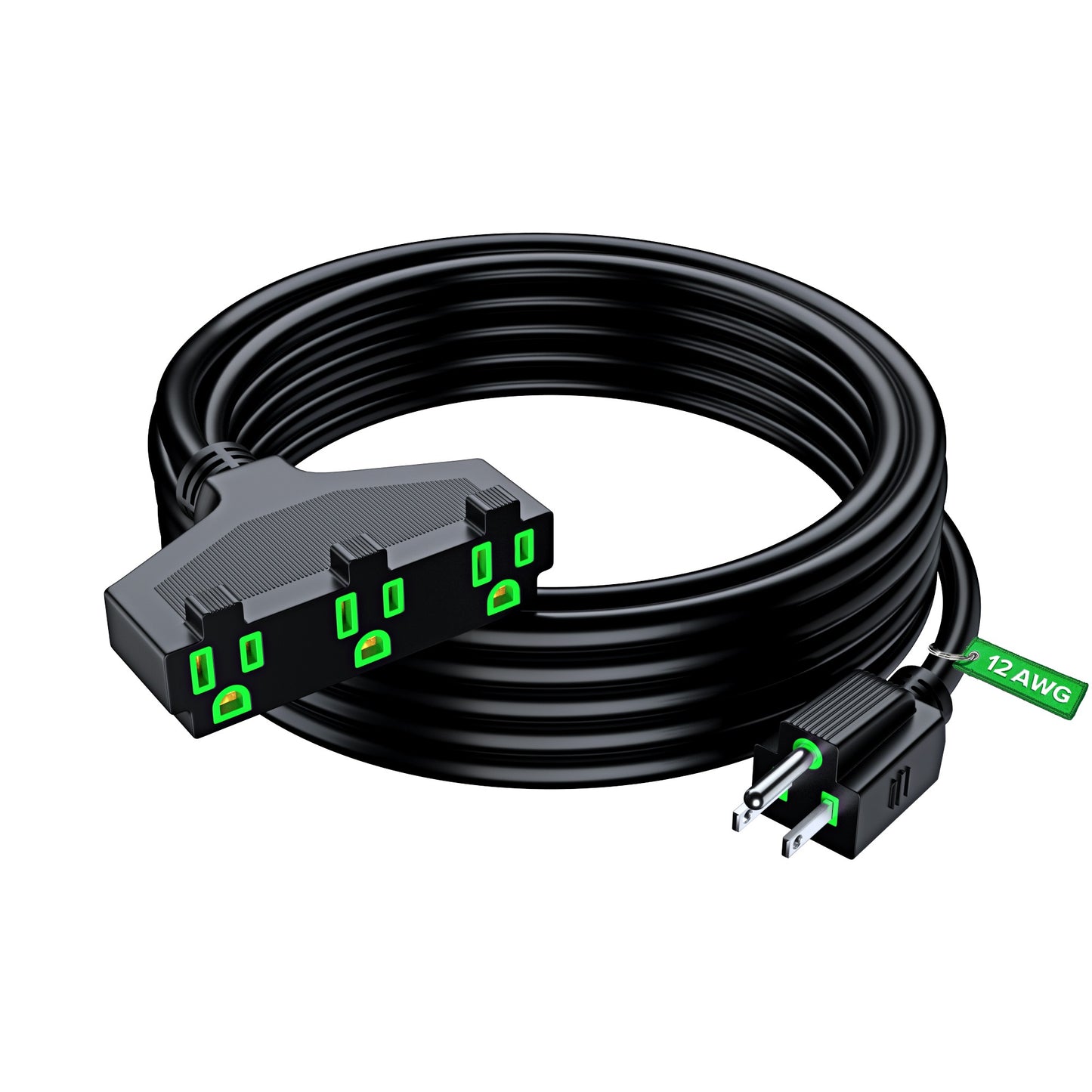 Maximm 12/3 Extension Cord, 12AWG, Black ETL Listed, 3 Prong Plug 3-Outlet SJTW Heavy Duty Indoor, Weather Resistant - Power Cord for Garden, Lawn, Appliances