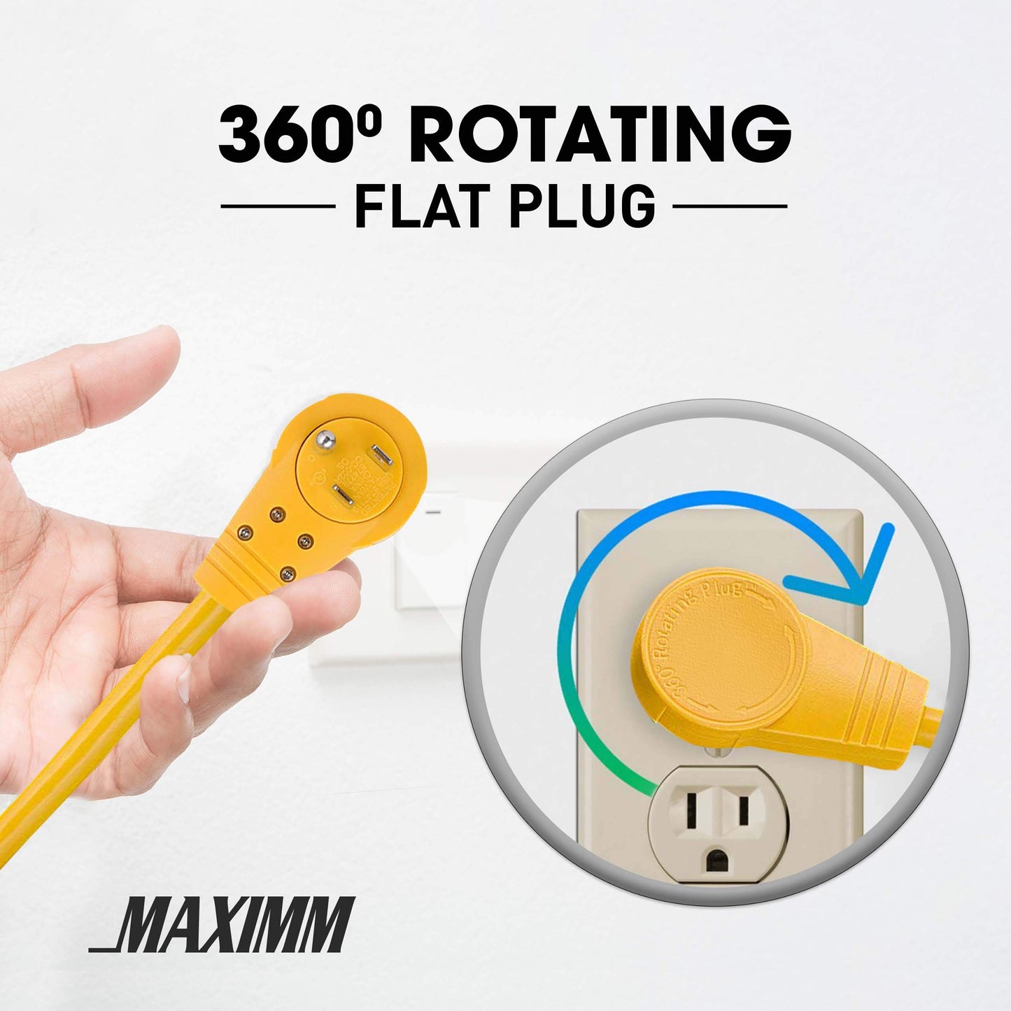 Yellow flat plug with 360-degree rotation feature and MAXIMM branding.