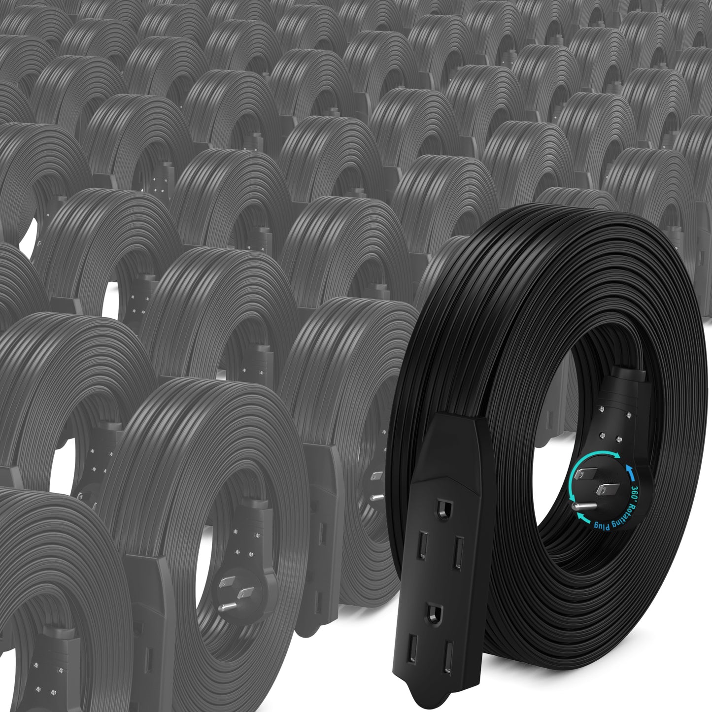 Maximm Cable 360° Rotating Flat Plug Extension Cord, 16 AWG 3 Outlet, 50 Pack