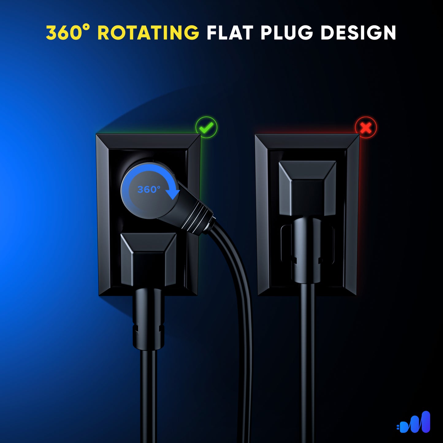 Maximm 360 Rotating Flat Plug Extension Cord with Removable Hook, 16 Gauge, UL Certified