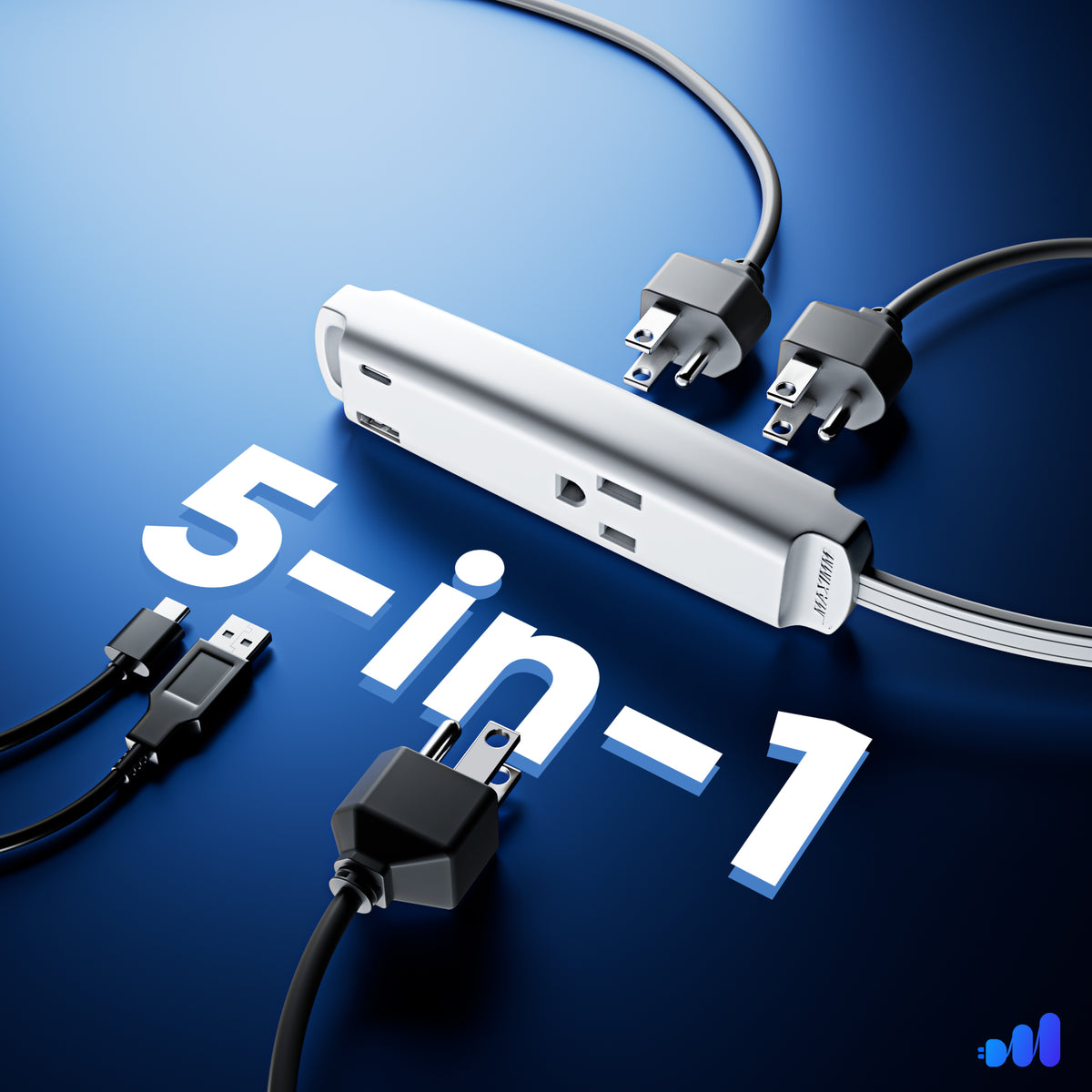 3-Outlet Rotating Flat Extension Cord with USB-C and USB-A 16 Gauge