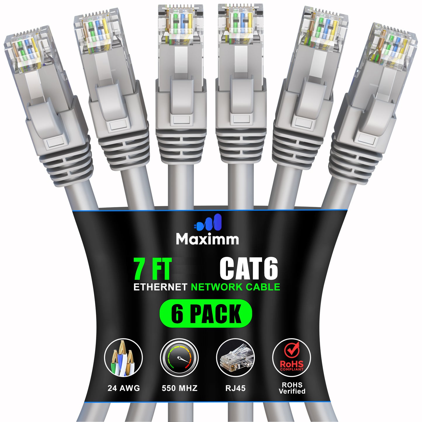 Maximm Cat 6 Ethernet Cable - High-Speed LAN, Internet, Patch & Network Cable - UTP, 10Gbps, 550MHz Ethernet Cord 6-Pack