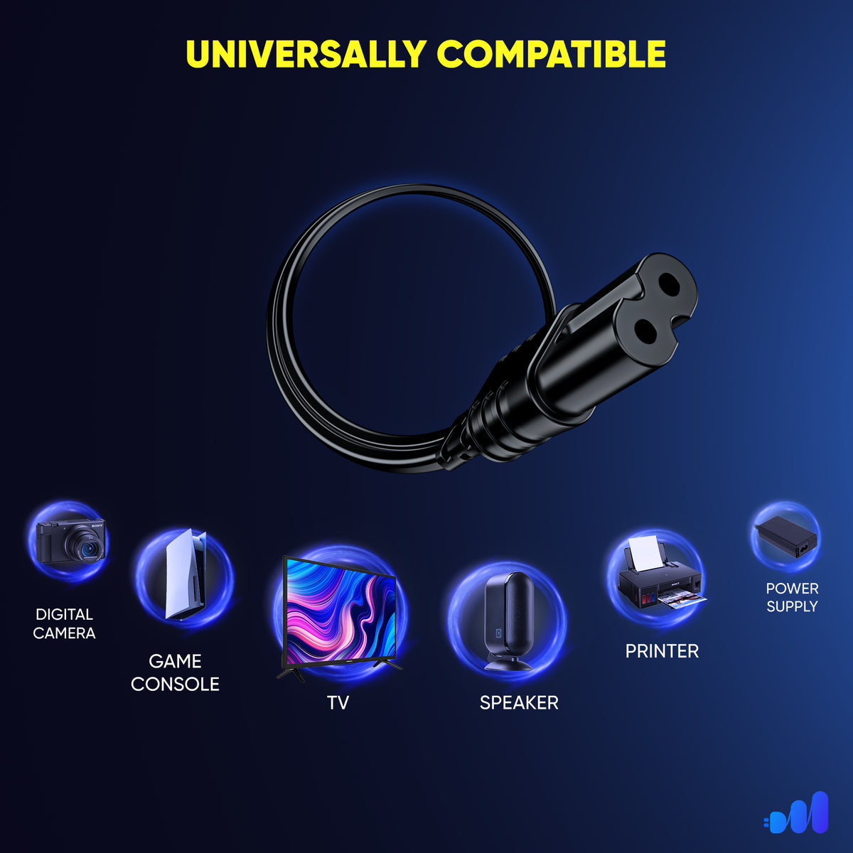 2-Prong TV Power Cord, 360° Rotating Flat Plug