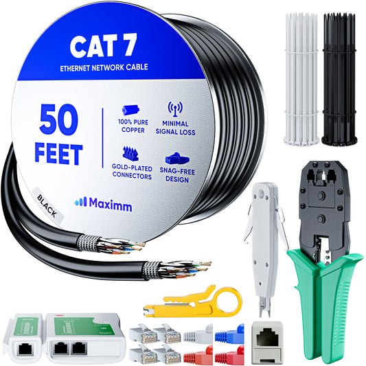 Maximm Cat7 Wire Installation Kit - Crimp Tool, 50 RJ45 Connectors, Tester, Cable Ties, Caps, Adapters