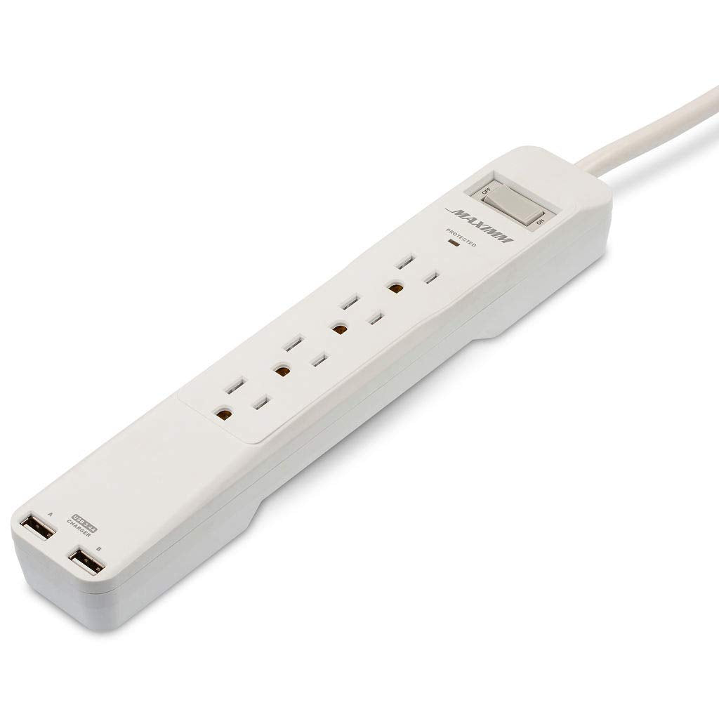 White power strip with multiple outlets and USB ports on a white background