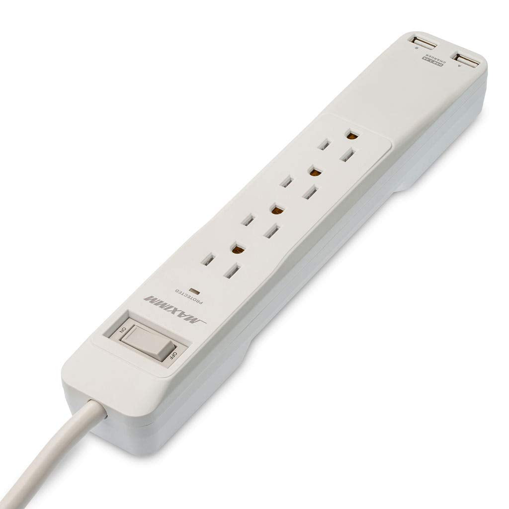 White power strip with multiple outlets and USB ports on a white background