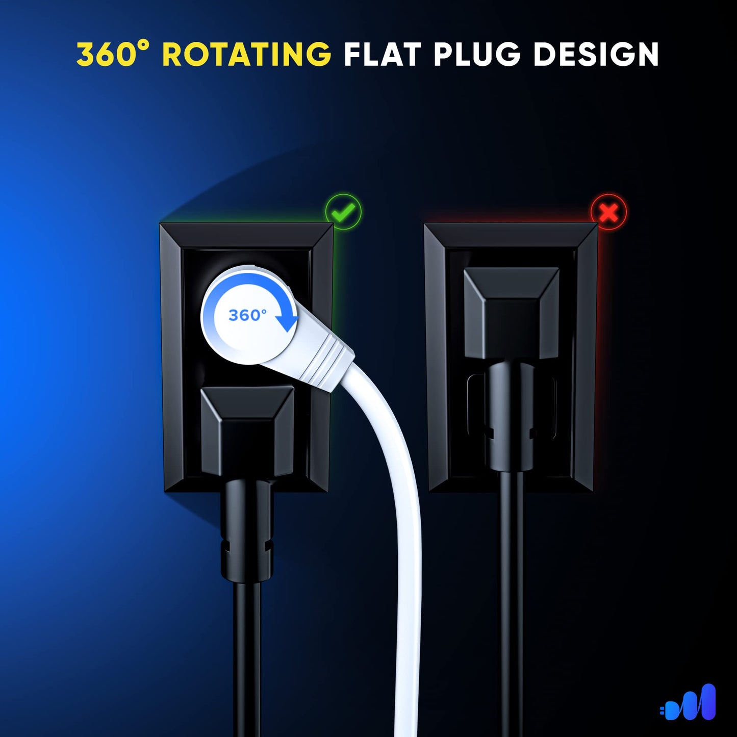 1-Outlet Rotating Flat Plug Extension Cord with Removable Hook 16 Gauge