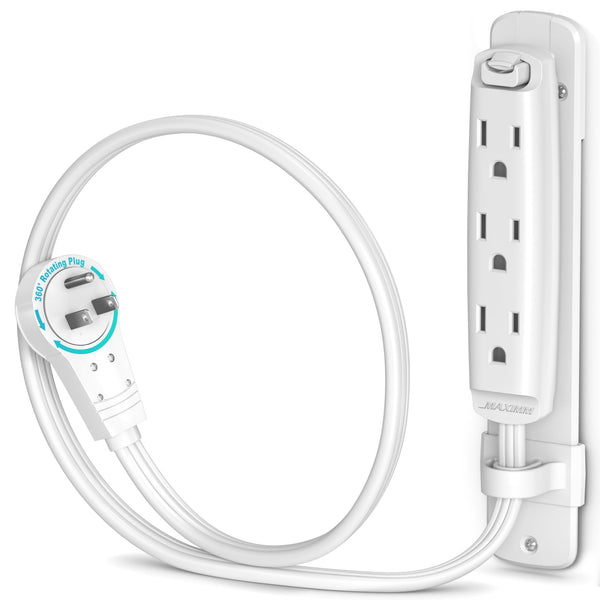 3-Outlet Rotating Flat Extension Cord with Wall Mount 16 Gauge