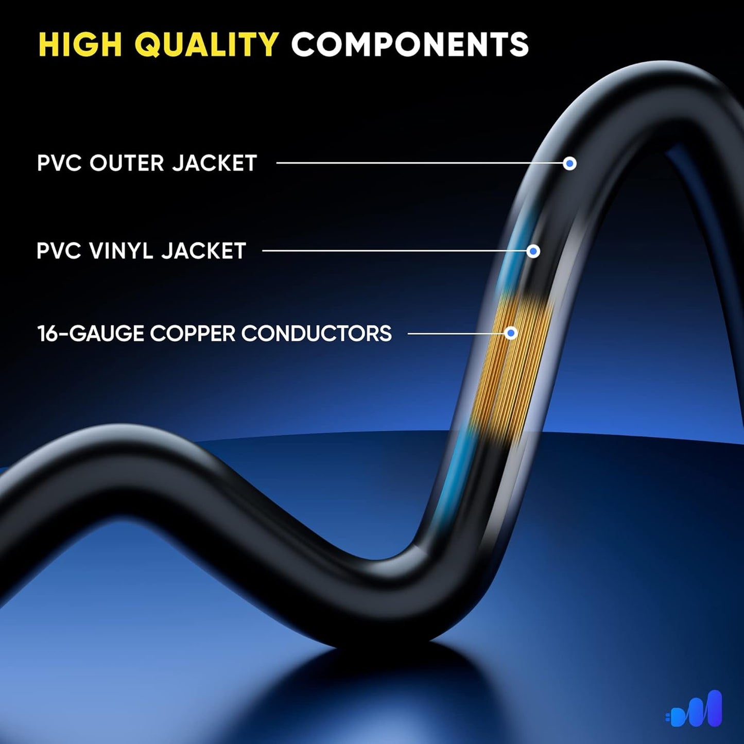 2 in 1 Outlet Power SJTW Extension Cord Splitter with Lock Feature 1.5 Feet, 16 Gauge (Power Cord Splitter/Outlet Saver)