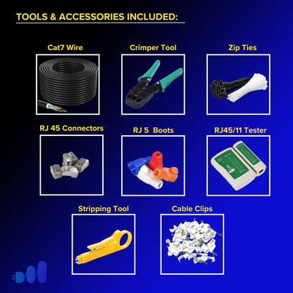 Maximm Cat7 Wire Installation Kit - Crimp Tool, 50 RJ45 Connectors, Tester, Cable Ties, Caps, Adapters