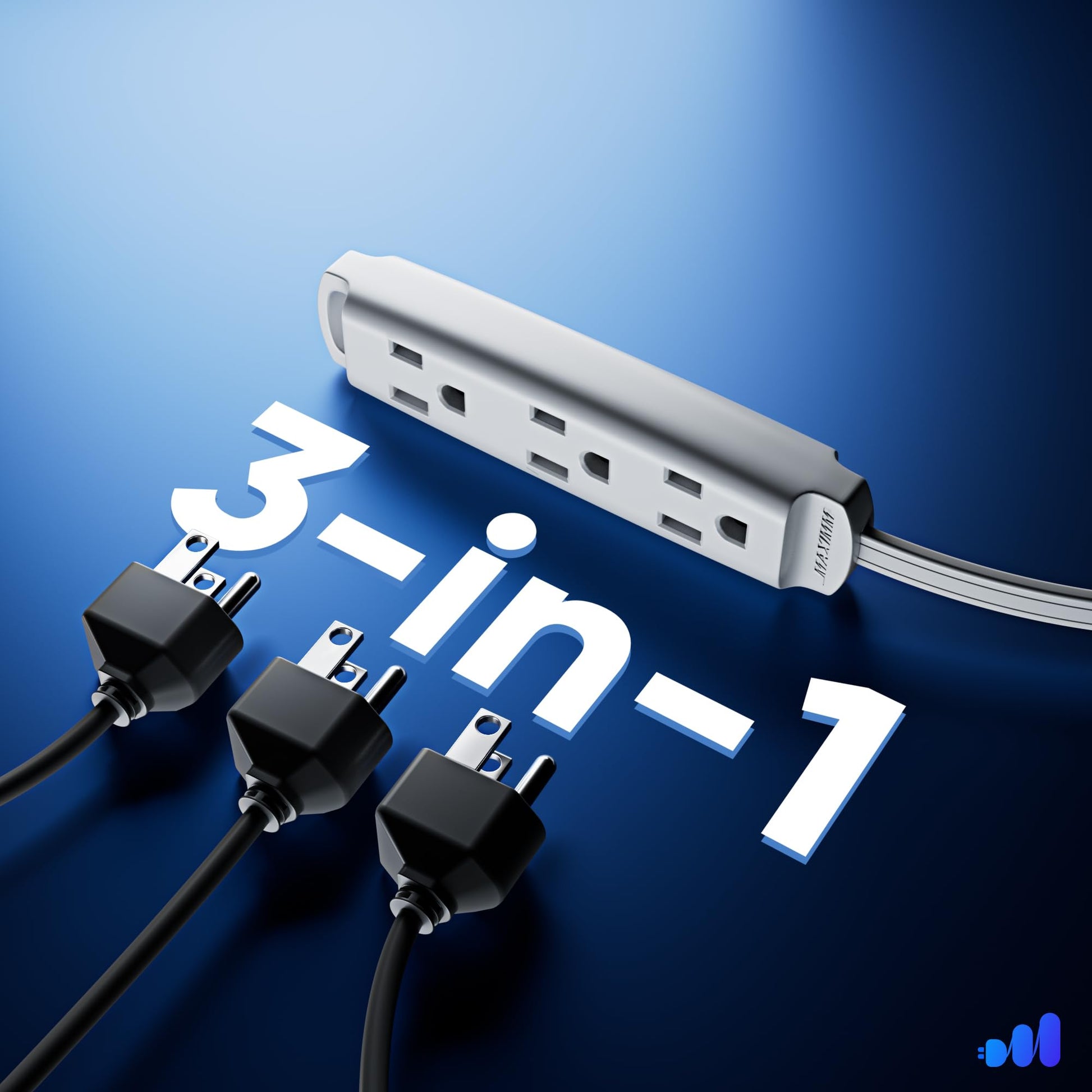 Maximm 360 Degree Rotating Flat Extension Cord Multi 3 Outlet Power Cord with Mounting Bracket, Grounded 16 AWG UL Certified