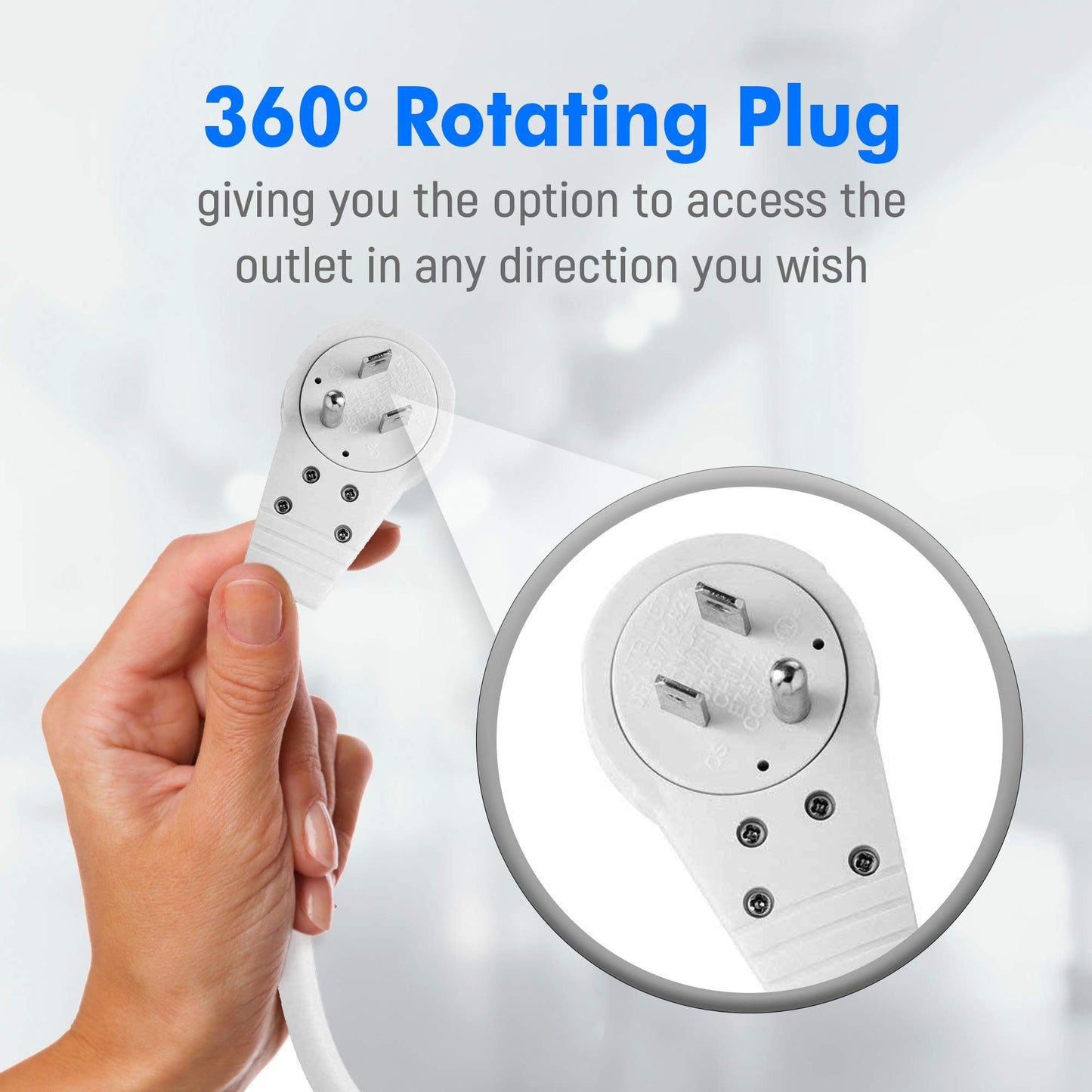 360-degree rotating plug held by a hand with text on a light gray background