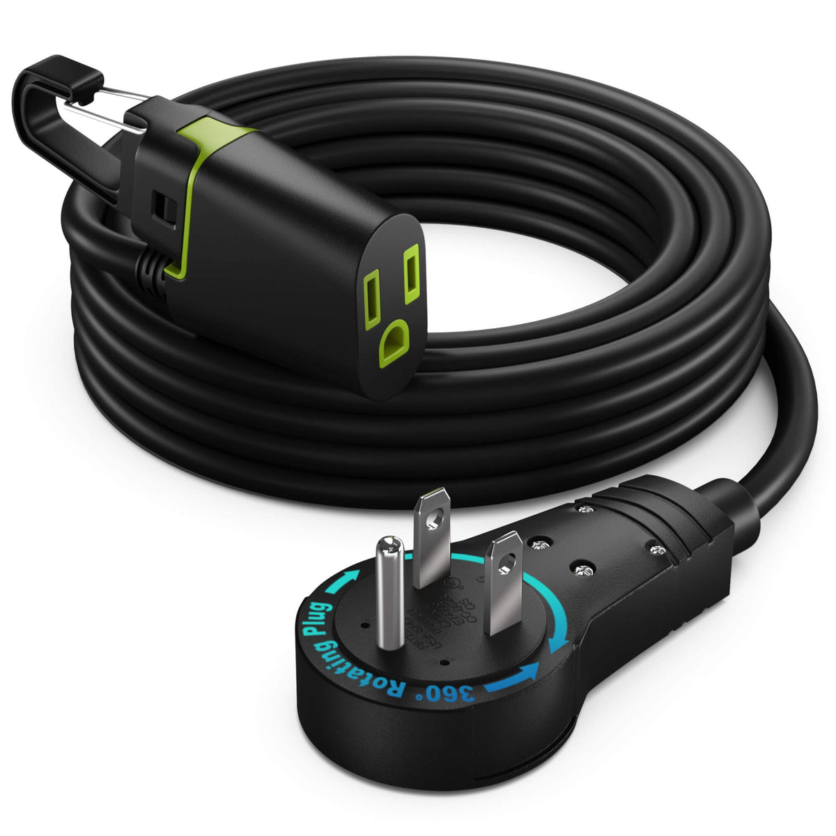 1-Outlet Rotating Flat Plug Extension Cord with Removable Hook 16 Gauge