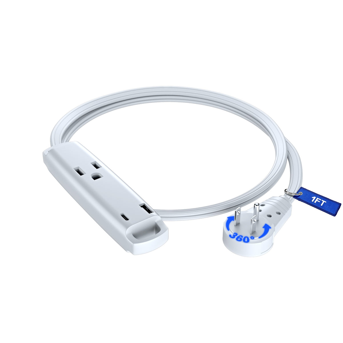 3-Outlet Rotating Flat Extension Cord with USB-C and USB-A 16 Gauge