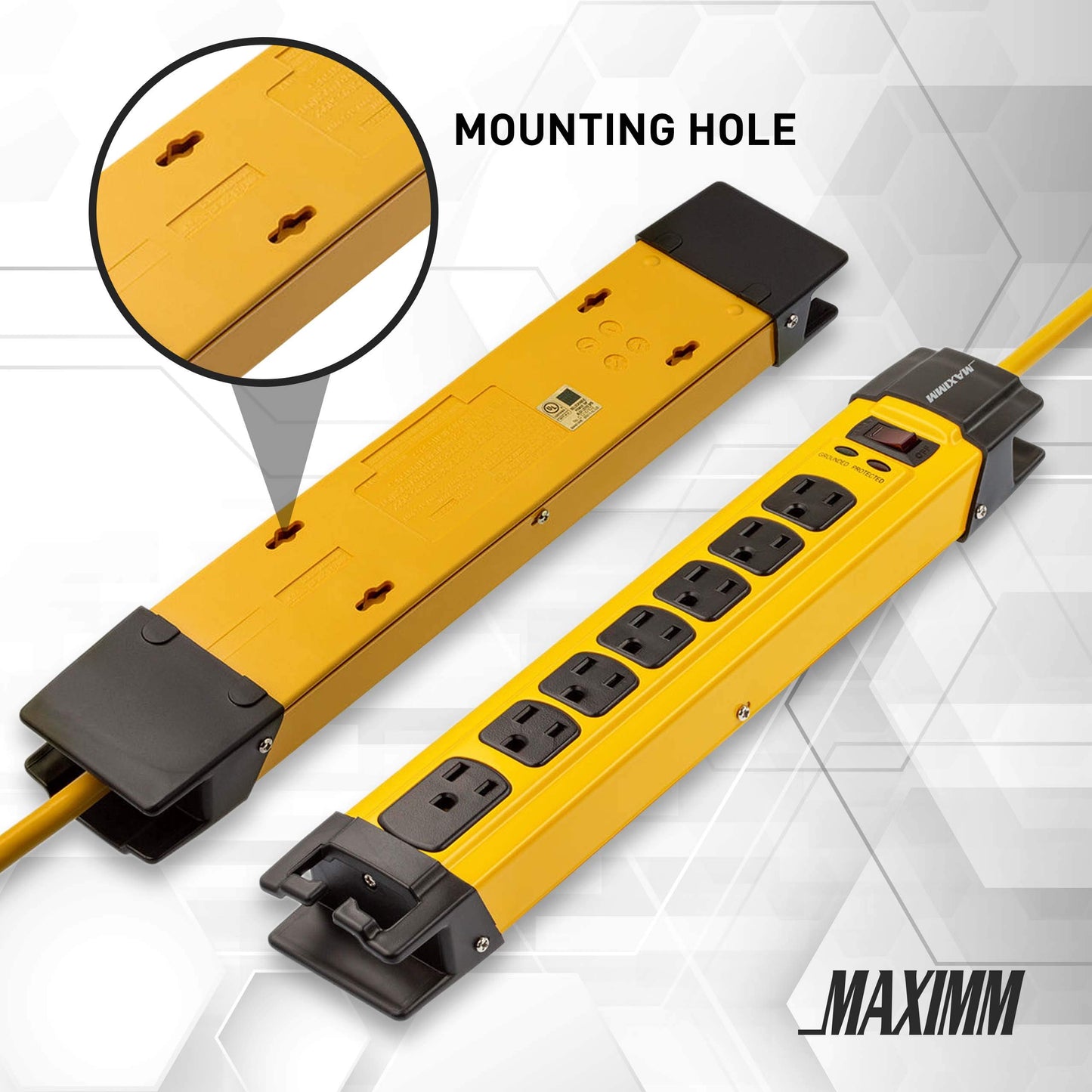 Yellow power strip with black outlets and mounting holes on a geometric white background, featuring the brand 'MAXIM'.