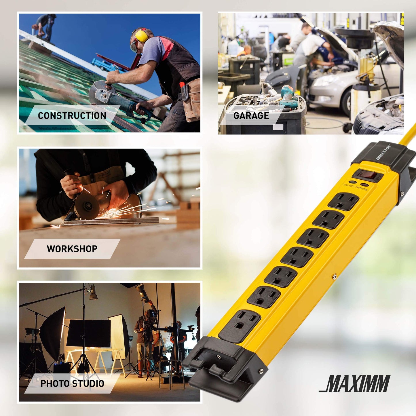 Collage of various work environments with a yellow power strip labeled 'MAXIMM' in the foreground.