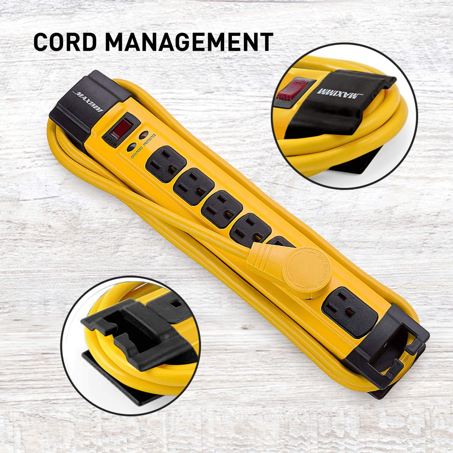 Yellow power strip with cord management feature on a light wooden surface