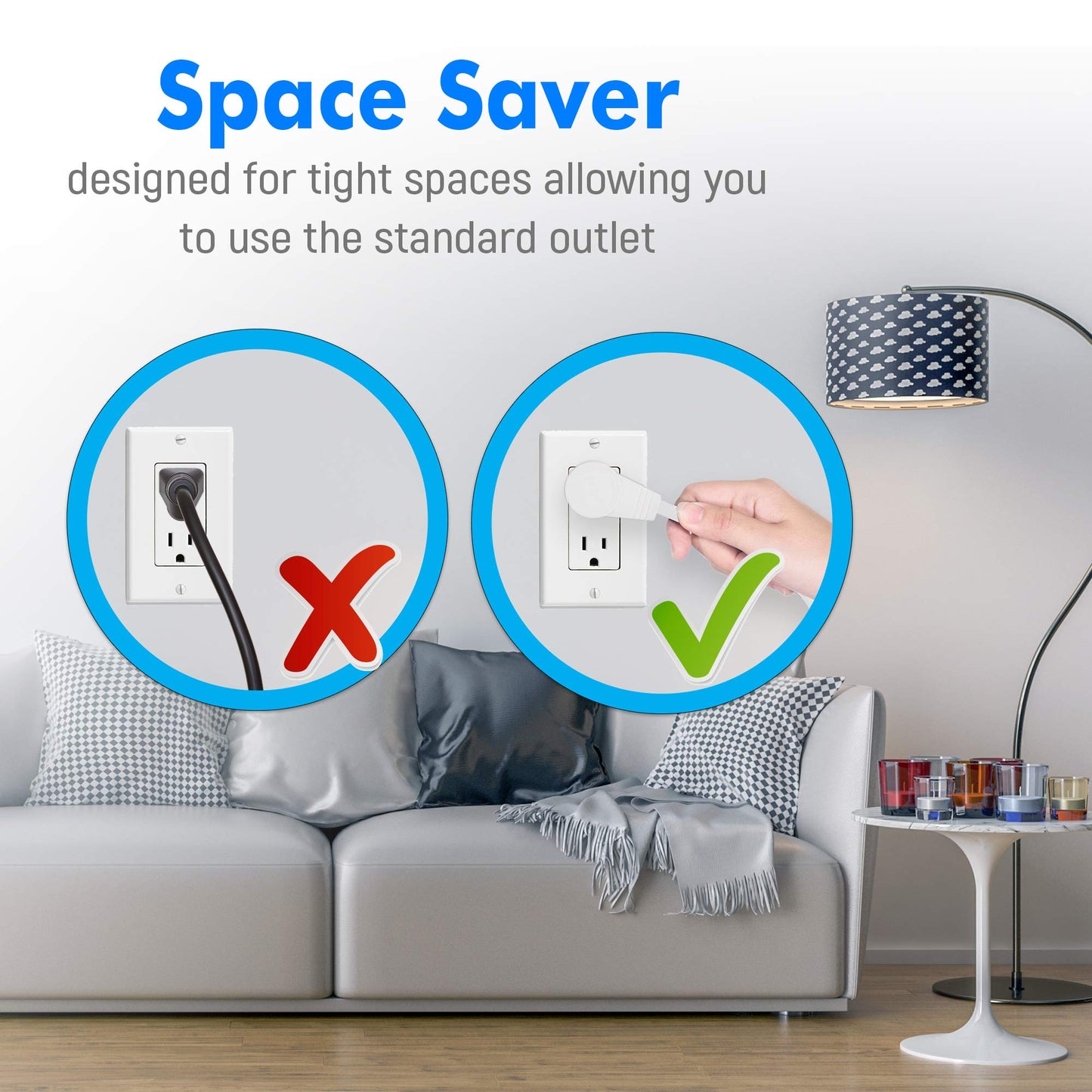 Space Saver product showing correct and incorrect usage in a living room setting.