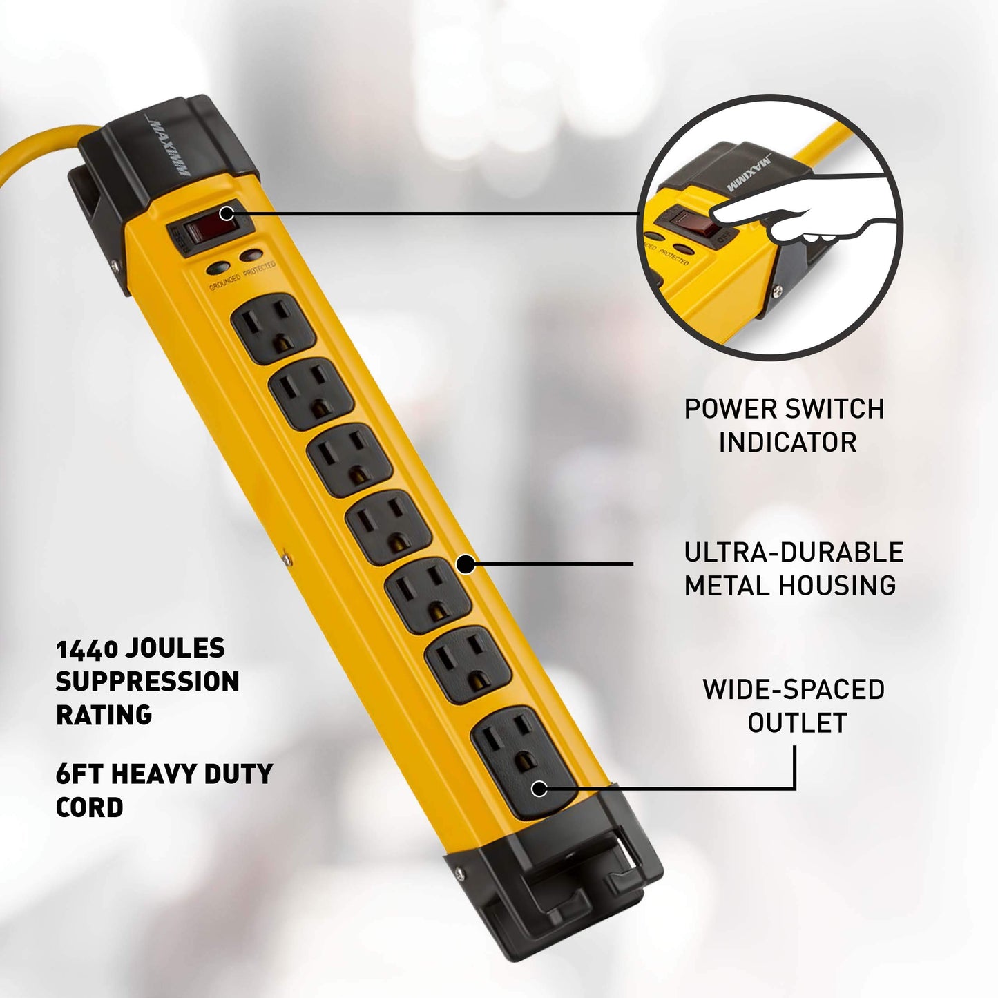Yellow power strip with features highlighted on a white background