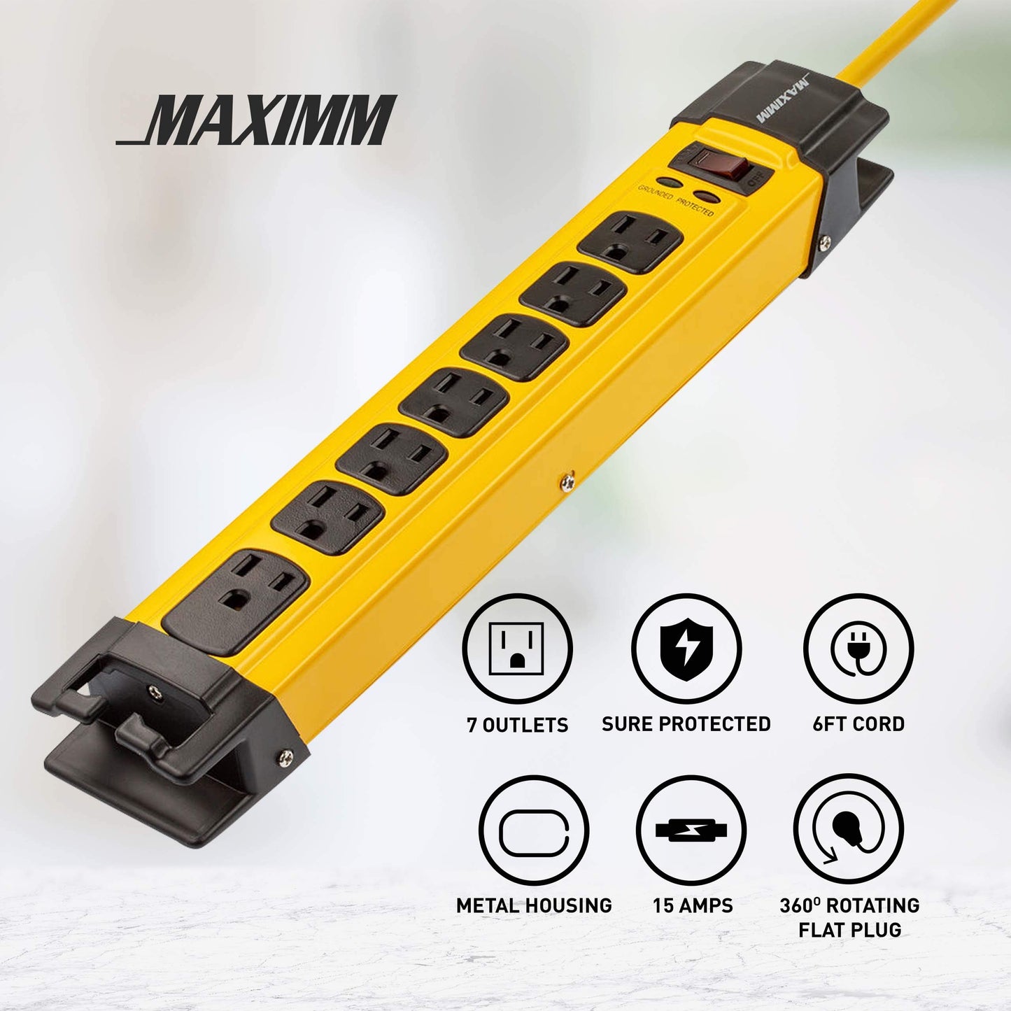 Yellow power strip with black outlets on a white background, featuring the brand 'MAXIMM'.