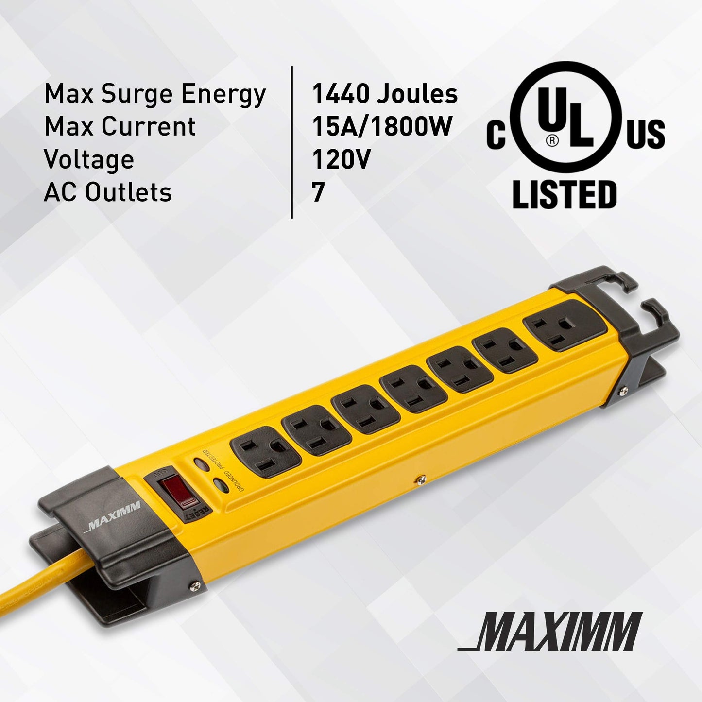 Yellow power strip with multiple outlets and MAXIMM branding on a light gray background