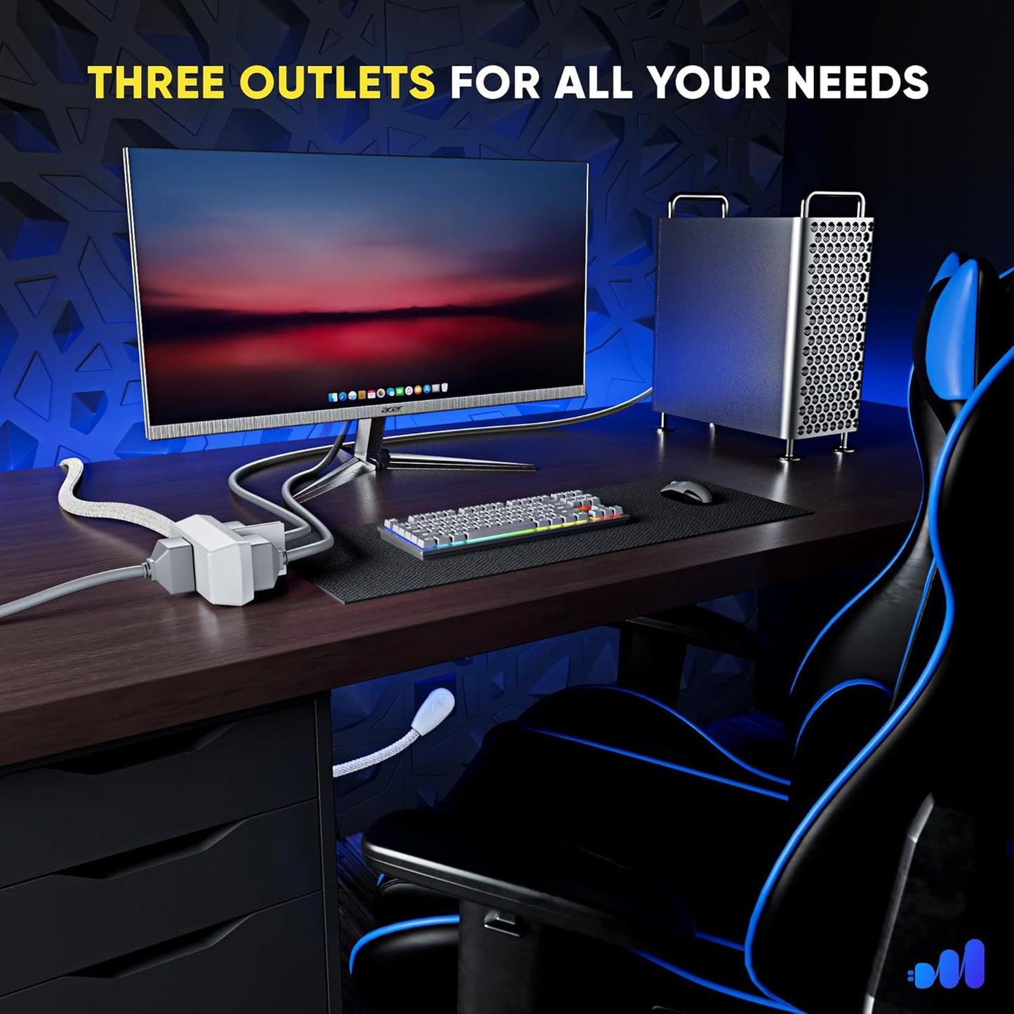 Maximm Cable 360 Degree Rotating Flat Plug Extension Cord 16 AWG 3-Outlet, 2 Prong with Safety Cover - UL Certified