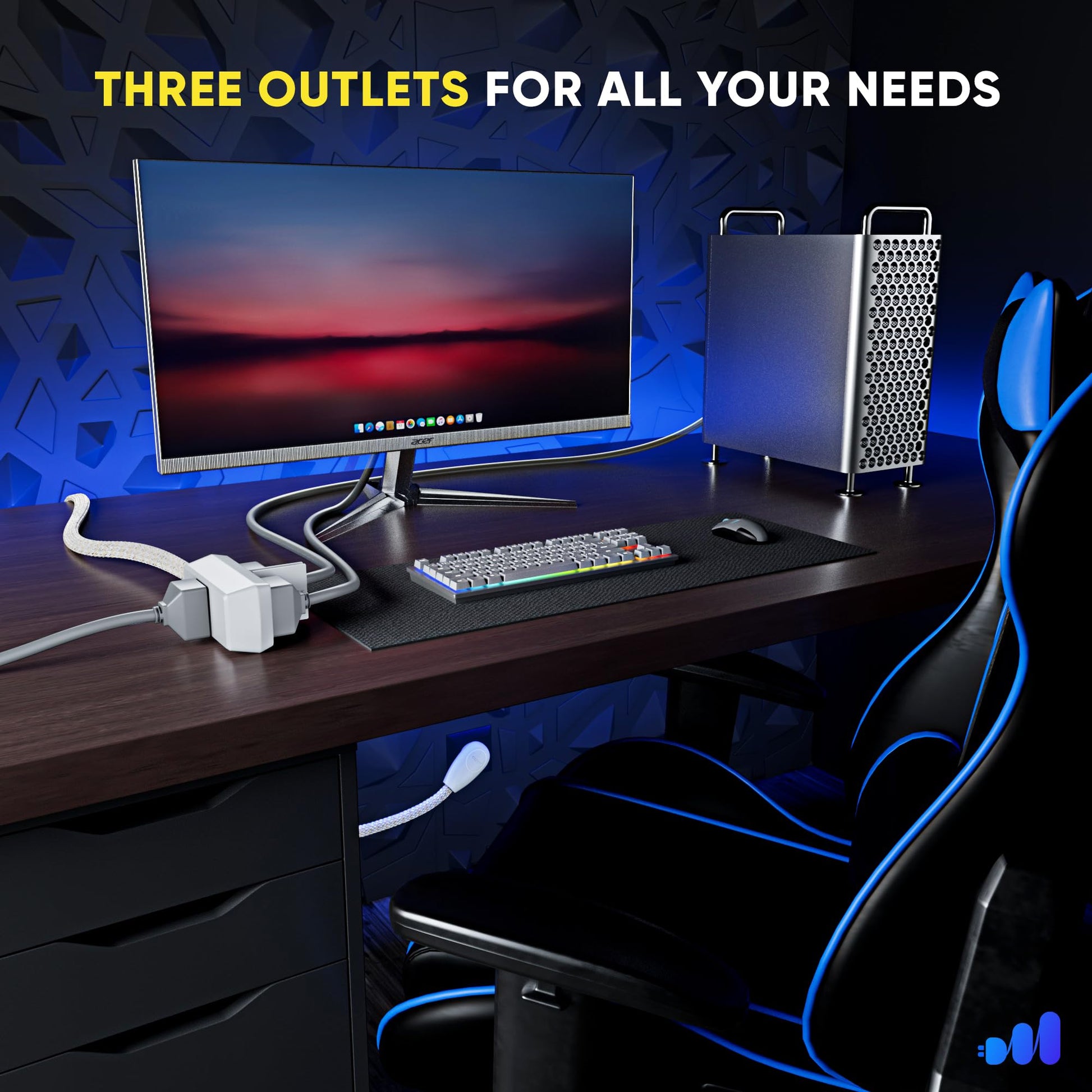 3-Outlet 2-Prong Rotating Flat Extension Cord - Braided