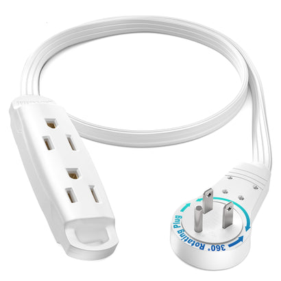 Maximm 360 Degree Rotating Flat Extension Cord Multi 3 Outlet Power Cord Grounded 16 AWG UL Certified (White)