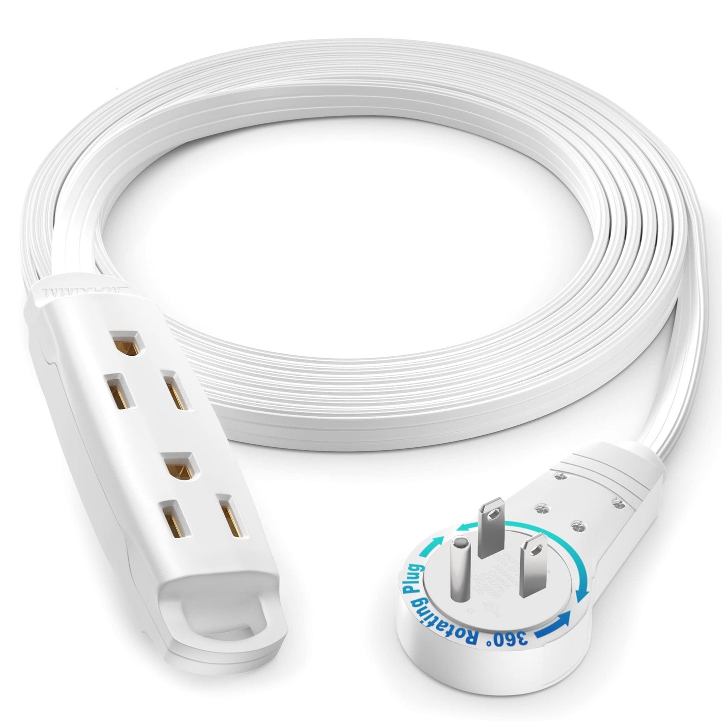 Maximm 360 Degree Rotating Flat Extension Cord Multi 3 Outlet Power Cord Grounded 16 AWG UL Certified (White)