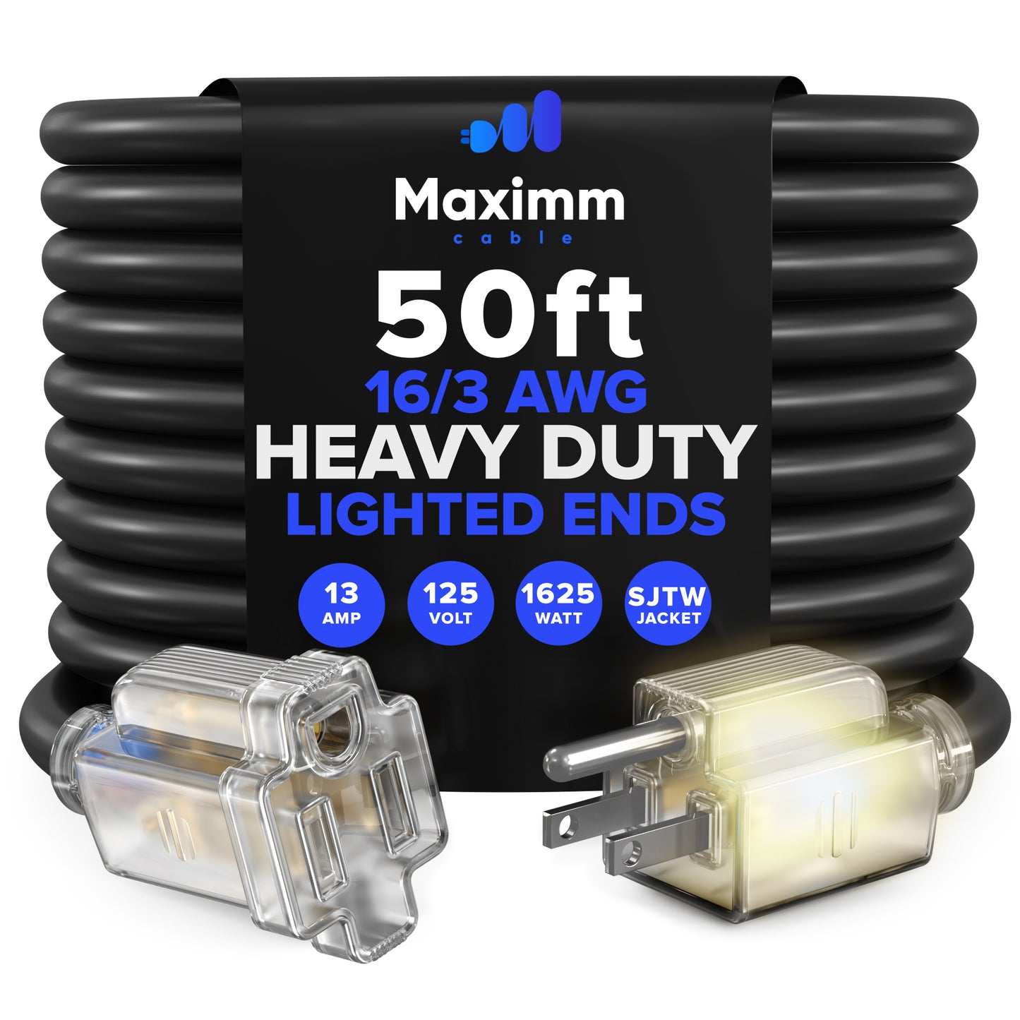 Extension Cord with Lighted Power Indicator Single Outlet 16 Gauge, SJTW, ETL Listed