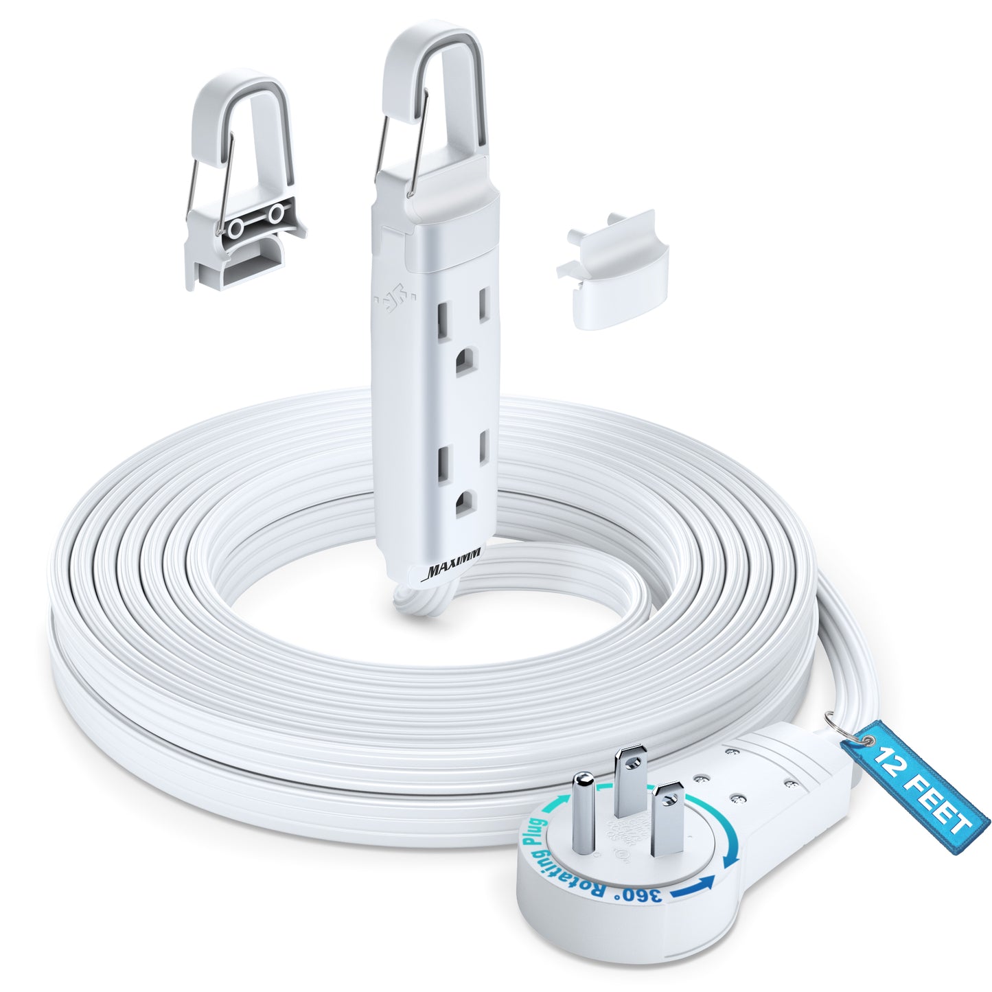 Maximm 360° Rotating Flat Plug Extension Cord with a Removable Hook (16 Gauge), UL Certified