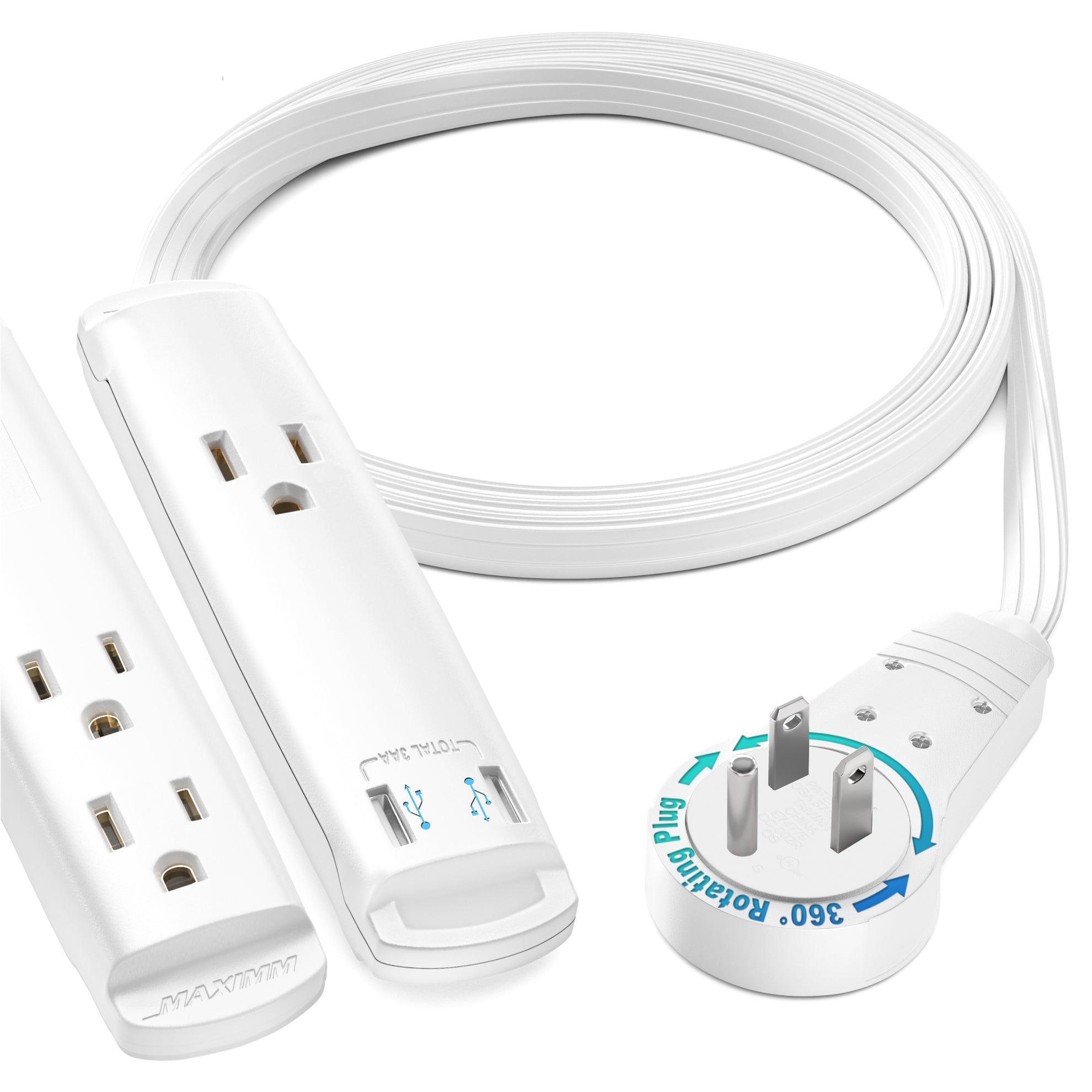 3-Outlet Rotating Flat Extension Cord with USB Ports 16 AWG