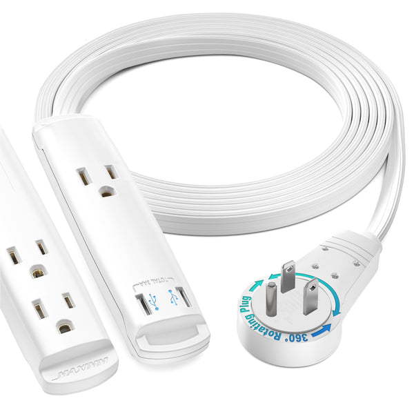 3-Outlet Rotating Flat Extension Cord with USB Ports 16 AWG