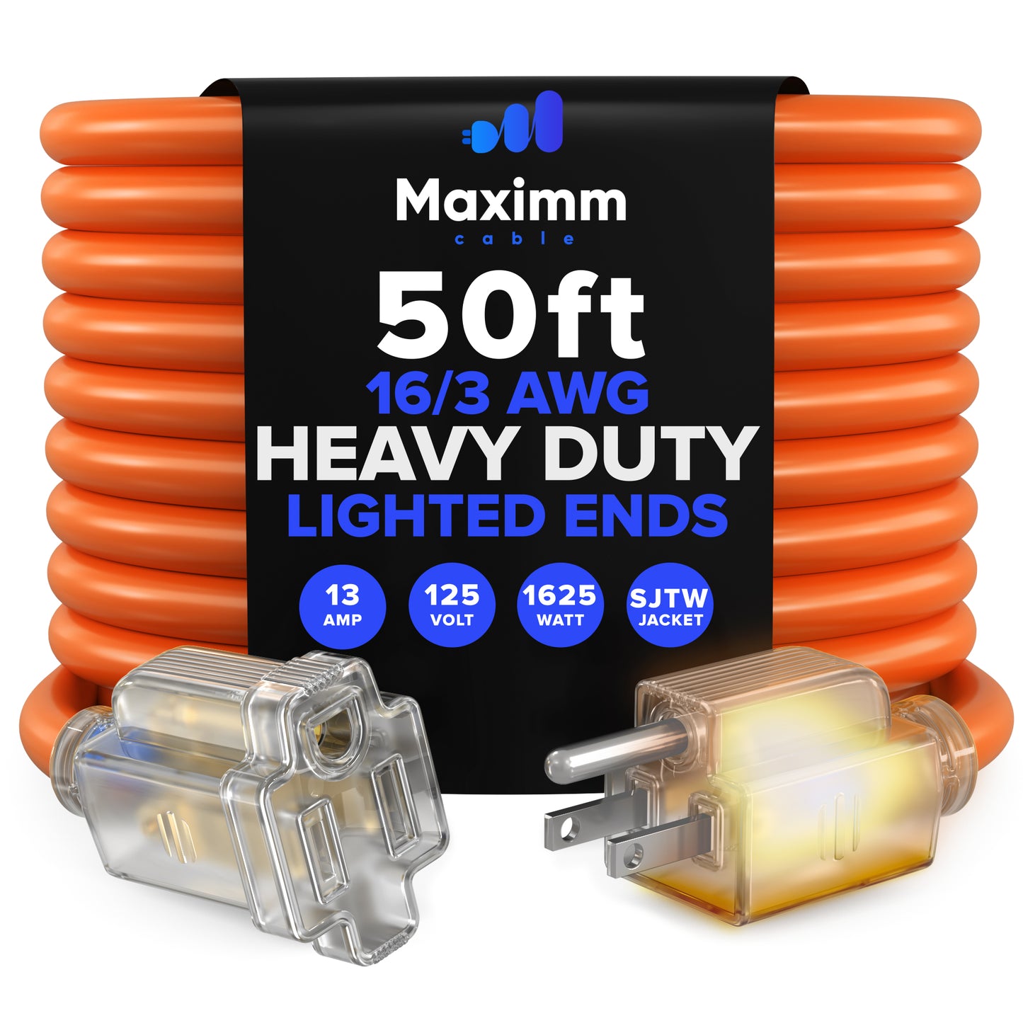 Extension Cord with Lighted Power Indicator Single Outlet 16 Gauge, SJTW, ETL Listed