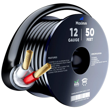 Maximm In Wall Speaker Wire - CL3 Rated 2-Conductor Wire 12/2 (Copper Clad Aluminum) - Banana Plugs Included